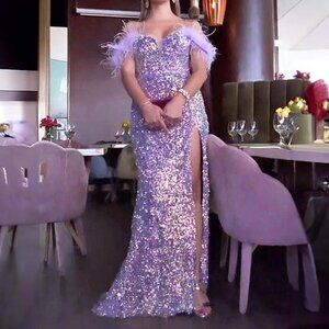 Lilac Purple Sweetheart Neck Sequin & Feather Formal Prom Evening Dress 6